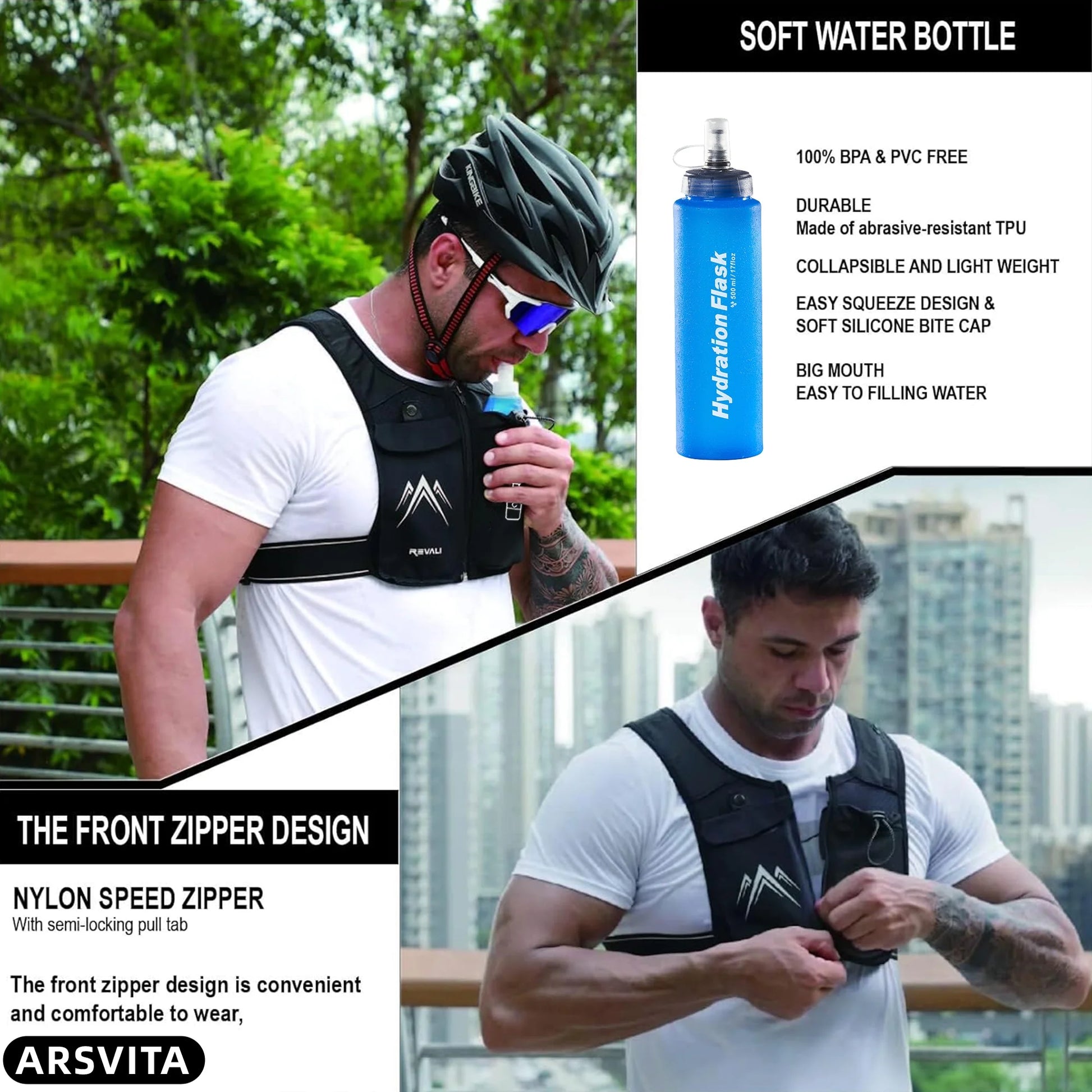 Running Vest, Zip Reflective Running Vests with 500Ml Hydration Bottle, Adjustable Waistband & Breathable Material, Chest Pack Gear Phone Holder for Running, Men & Women